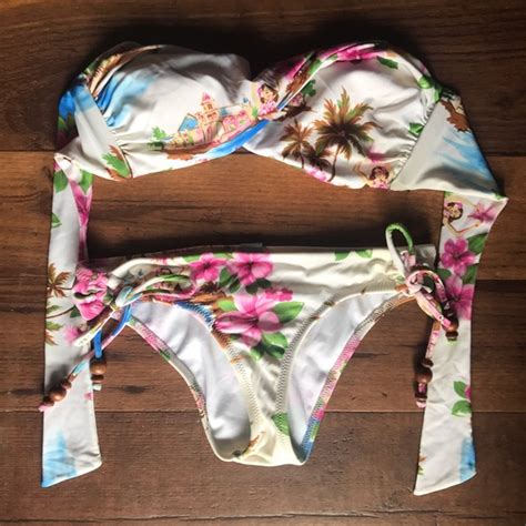 Radio Fiji Swim Hawaiian Strapless Bikini Flowers Palm Trees Hula