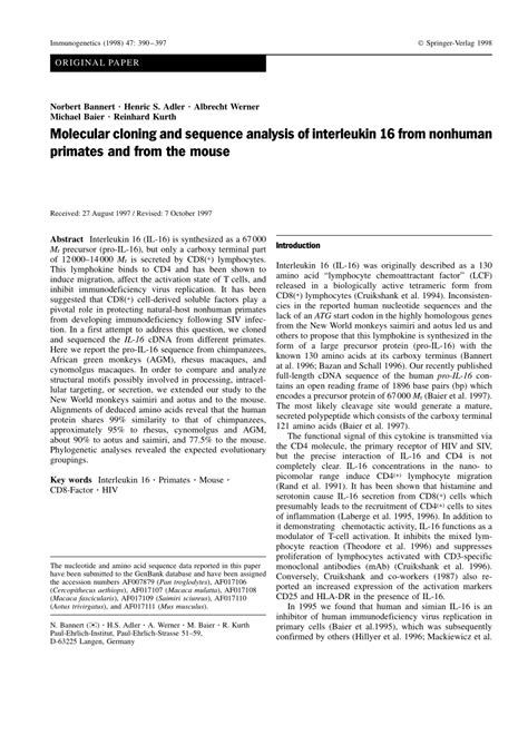 PDF Molecular Cloning And Sequence Analysis Of Interleukin 16 From