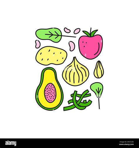 Group of doodle colored iodine food sources including spinach, tomato