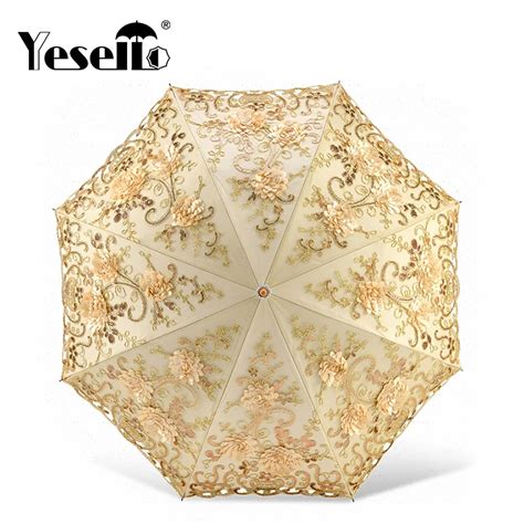 Yesello Lace Flower Folding Umbrellas For Women Folding Uv Protection Rainy Umbrella Embroider