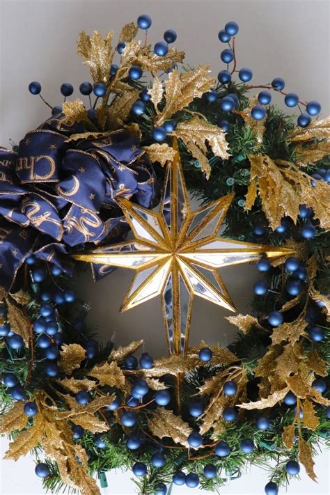 Pre Lit Christmas Wreath Lighted Blue And Gold Christmas Door Etsy Pre Lit Christmas Wreaths