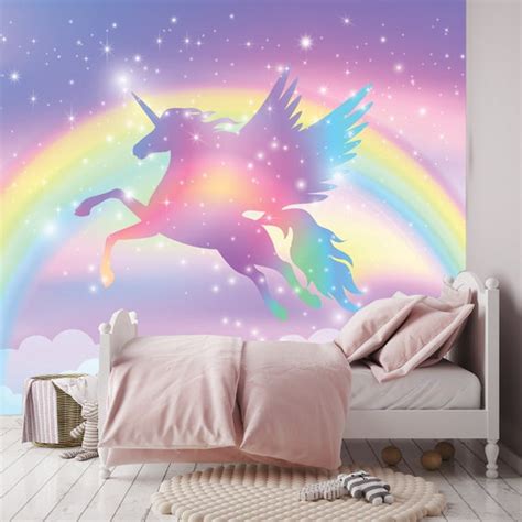 Rainbow Background With Winged Unicorn Silhouette With Stars Etsy