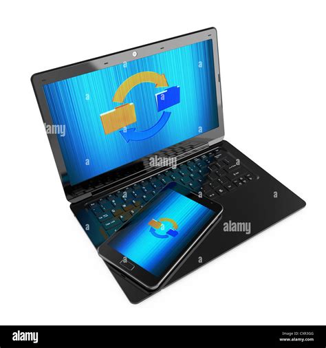 illustration of synchronizing of data between laptop and phone Stock Photo - Alamy