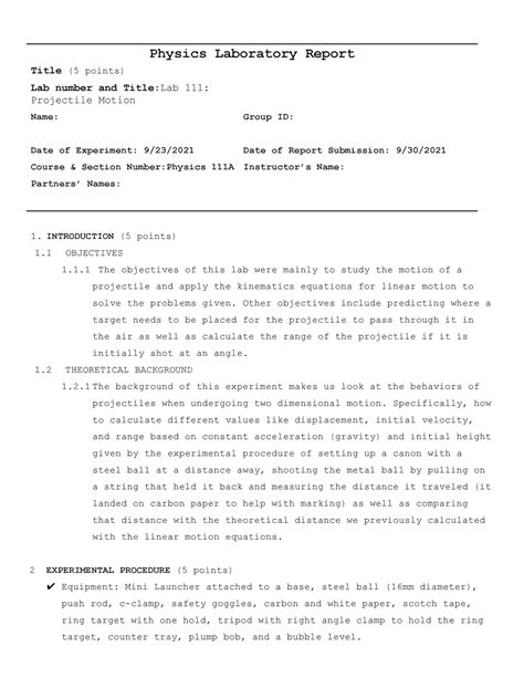 Lab Projectile Motion Physics Laboratory Report Title Points