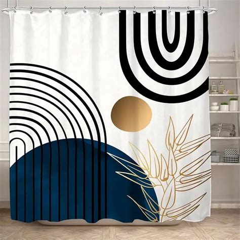 Mid Century Green Boho Shower Curtain Abstract Modern Minimalist Sun