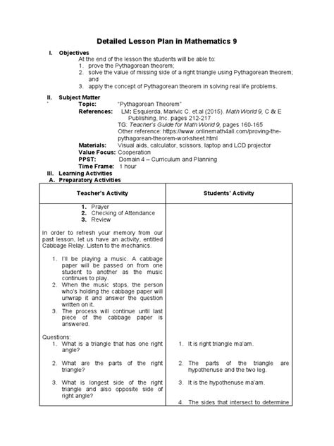 Detailed Lesson Plan In Mathematics 9 And E Publishing Inc Pdf Euclidean Plane Geometry