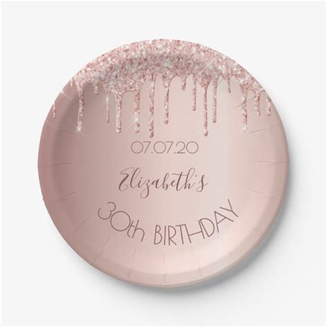 30th Birthday Party Rose Gold Glitter 30 Glam Paper Plate