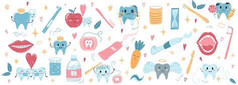 Hand Drawn Vector Set Of Kawaii Teeth Characters And Oral Care Products In Cartoon Flat Style