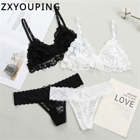 ZXYOUPING Lace Underwear Set Set Unpadded Deep Thong Bra Non Wired Sexy Lingerie Fashion Ultra