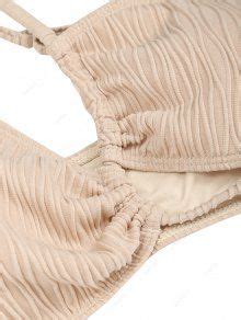 Zaful Women S One Shoulder Strappy Asymmetric Ruched Cutout Textured Cheeky Bikini Two Piece Set