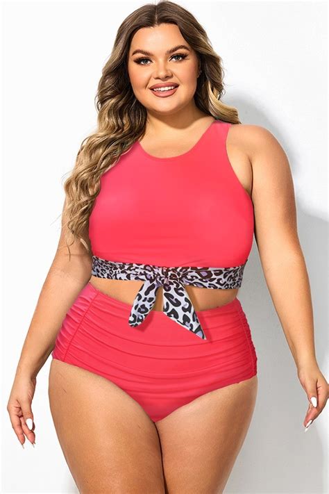 Leopard Print Stitching Knotted Crop Bikini Top Meet Curve Meet Curve