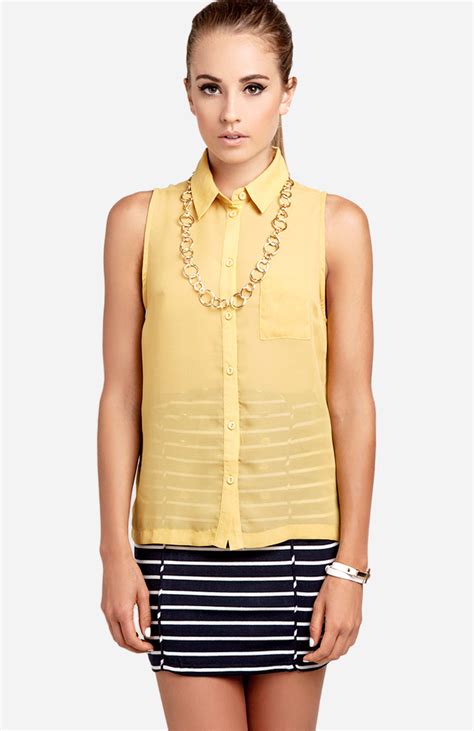 Sheer Sleeveless Button Up Top In Mustard Dailylook