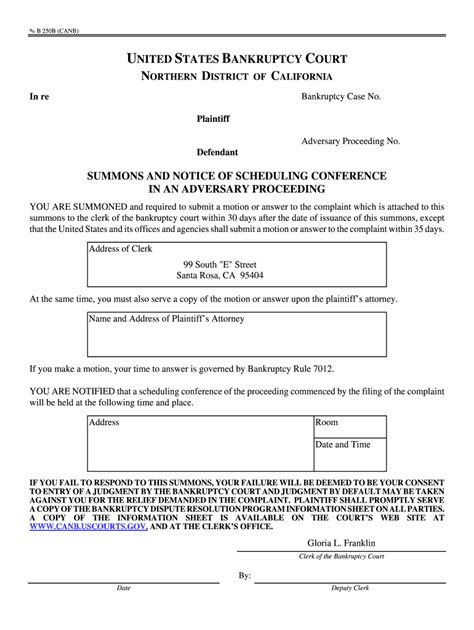 Fillable Online Canb Uscourts Summons And Notice Of Scheduling