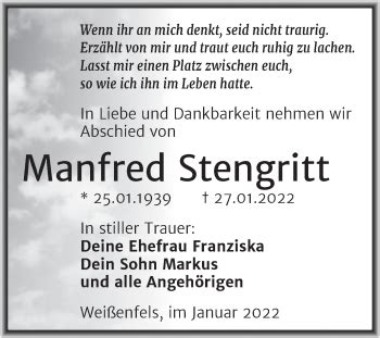 Traueranzeigen Von Manfred Stengritt Abschied Nehmen De