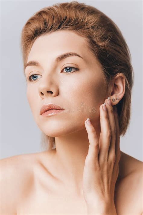 Beautiful Woman With Short Hair And Blue Eyes Looks Away Natural Nude Makeup Skin Retouching