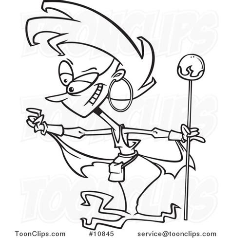 Cartoon Black And White Line Drawing Of A Sorceress 10845 By Ron Leishman