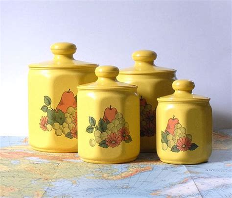 Vintage Kromex Yellow Kitchen Canister Set Of Four Fruit And Flower