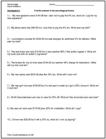 Percent Problems Worksheets