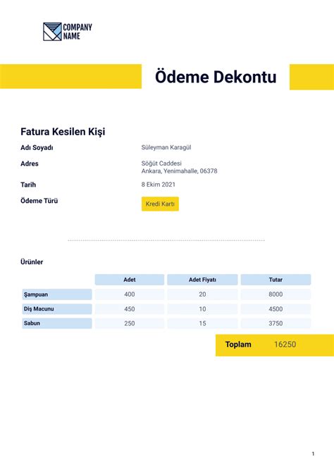 Ödeme Dekontu Şablonu PDF Şablonları Jotform