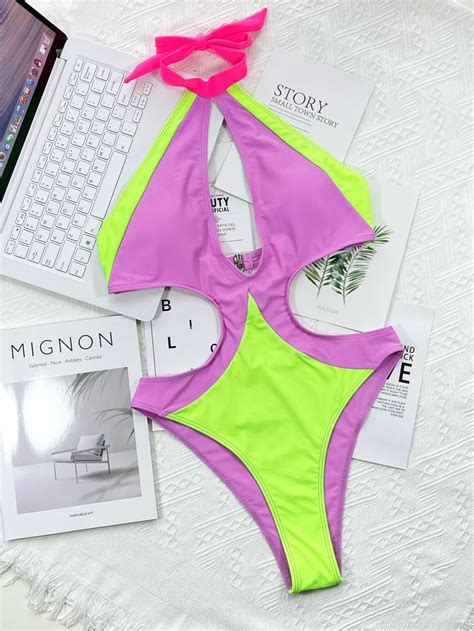 Colorblock Cut Out Halter Piece Women Sexy Bikini Woman Swimwear Hangzhou Sunra Fashion