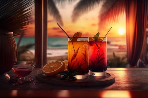 Exotic Cocktails On Luxury Tropical Beach Resort At Sunset Fresh Summer Cold Alcohol Drinks