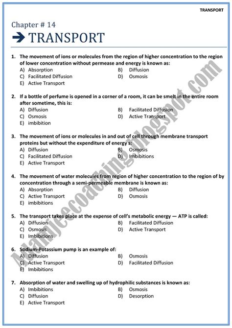 Adamjee Coaching Biology Mcqs XI Transport