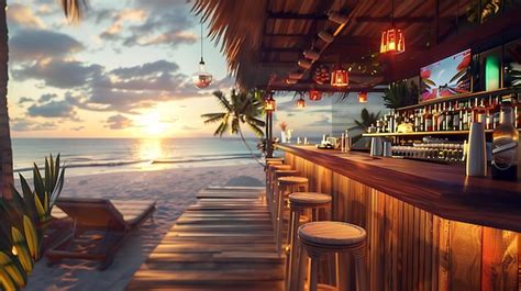 Premium Photo Thatched Roof Bar On A Tropical Beach With Sand Palm