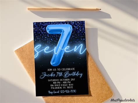 Editable Blue 7th Birthday Invitation Template Glitter Birthday Party