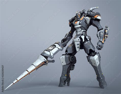 Ilustração Do Stock Robot Warrior With A Large Lance In One Hand A