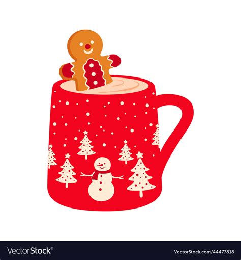 Christmas Mug With Hot Drink And Gingerbread Man Vector Image
