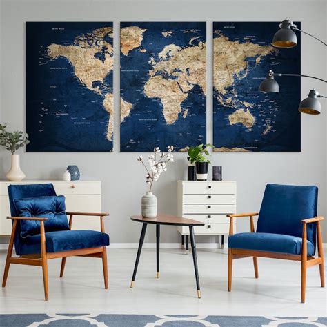 Navy Blue World Map Abstract Wall Art Canvas Print Wall Art Etsy