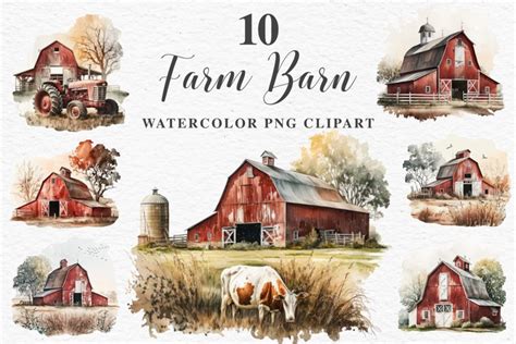 Red Farm Barn Landscape Field House Watercolor Clipart Png