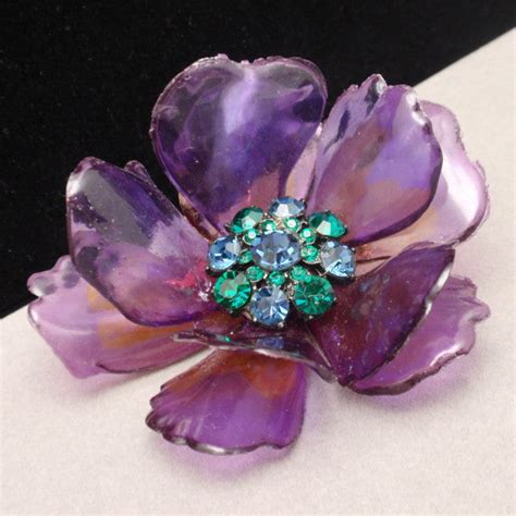 Purple Flower Pin Large Dimensional Rhinestones Brooch Vintage World