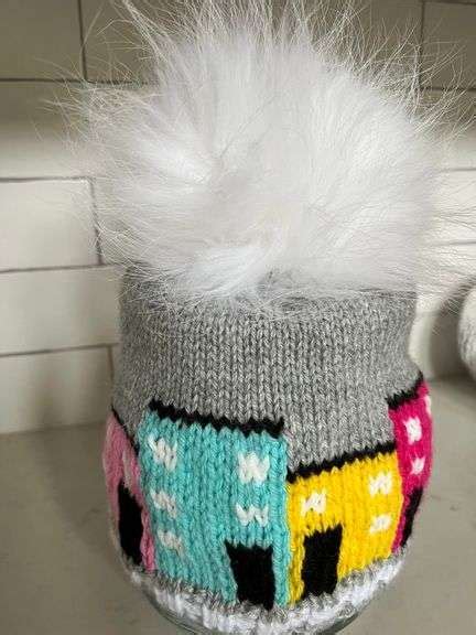 Hand Knitted Toque Grey with row houses - Bartlett Auctions Inc.