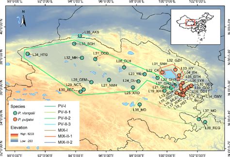 map  china upper  showing  distributional range red