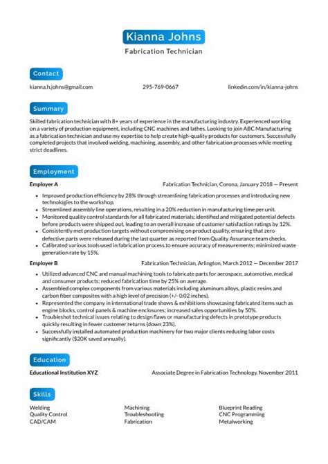 Fabrication Technician Resume Cv Example And Writing Guide