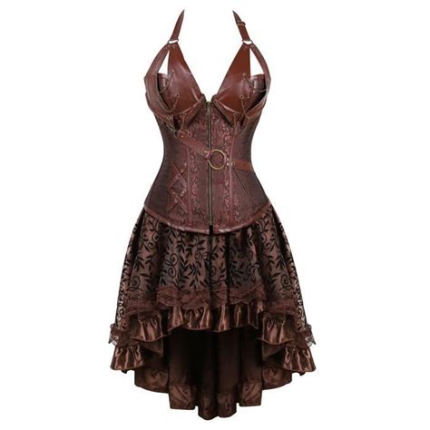 Robe Corset Gothique En Faux Cuir Bustier Lingerie Haut Avec Jupe En Dentelle Asym Trique