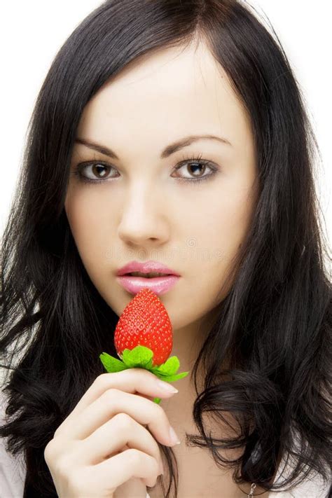 Brunette Who Eats Strawberries Stock Photo Image Of Beautiful Female 8560112
