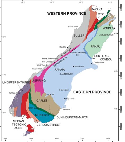 Map Of New Zealand Showing Western And Eastern Provinces Separated By