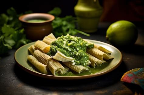 Tamales With Fresh Green Chili Salsa Premium Ai Generated Image
