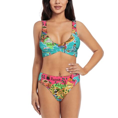 PAYOHTO Women S Cross Front Bikini Set With High Elasticity Soft Padding Cartoon Map Of Asia