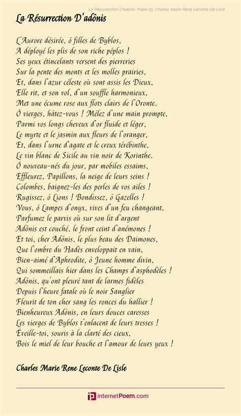 La R Surrection D Ad Nis Poem By Charles Marie Rene Leconte De Lisle