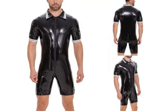 Men S Wet Pvc Leather Crotchless Zipper Bodysuit Catsuit Nightclub Lingerie S X Ebay
