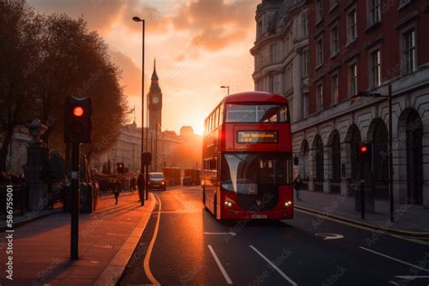 Red bus on road in London near Big Ben Clock Tower. Road traffic in ...