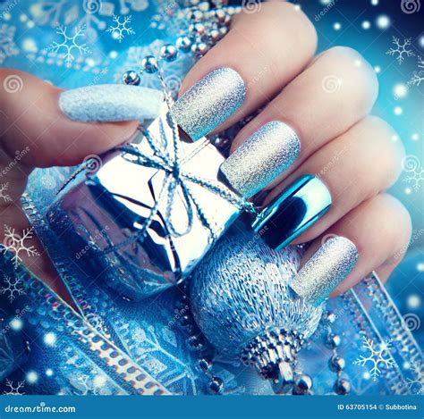 Christmas Nail Art Manicure Winter Holiday Manicure Design Stock Photo