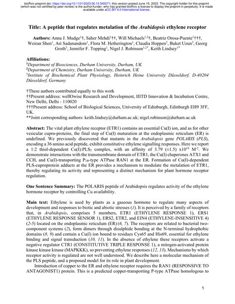 Pdf A Peptide That Regulates Metalation Of The Arabidopsis Ethylene