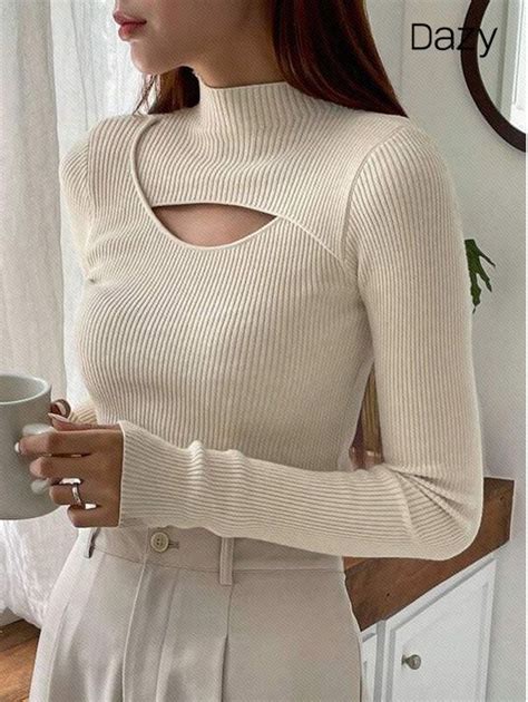 Dazy Kpop Cut Out Front Mock Neck Ribbed Knit Sweater Clothes For