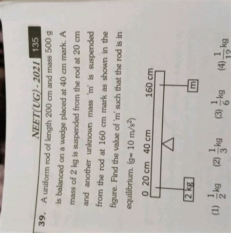 Neet Ug −2021135 39 A Uniform Rod Of Length 200 Cm And Mass 500 G Is Bal