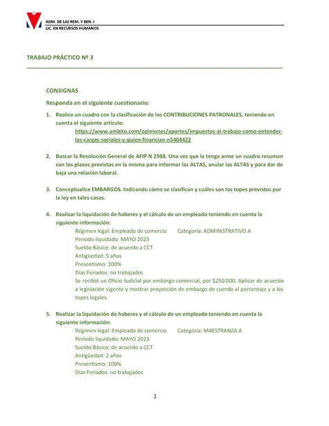 Trabajo Práctico Nº 3 ADM DE LAS REM Y BEN I LIC EN RECURSOS