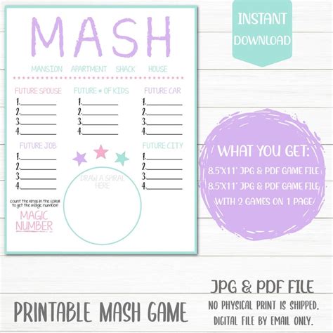 Mash Game Printable Mash Game Digital File Instant Download Etsy